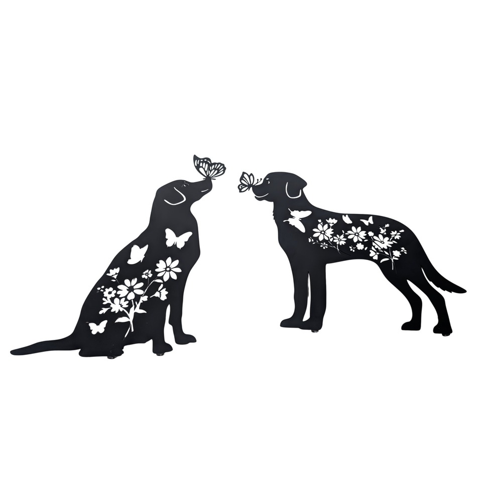 Black Metal Labrador Dog Garden Stakes Silhouette Butterfly Floral 2pc Set